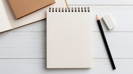 Naklejka premium Notebook with spiral blank paper and pencil eraser on a white wooden desk surface