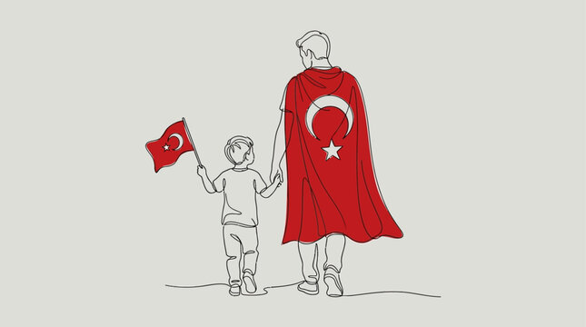 Color illustration of a man and his son celebrating 15 Temmuz. 15 Temmuz one-line drawing 
