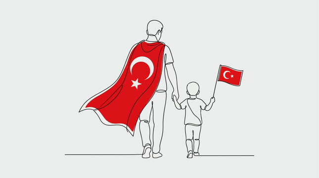 Color illustration of a man and his son celebrating 15 Temmuz. 15 Temmuz one-line drawing 