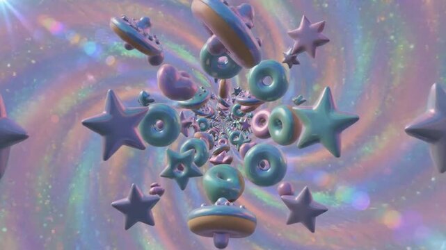 Floating 3D pastel shapes and donuts in space.