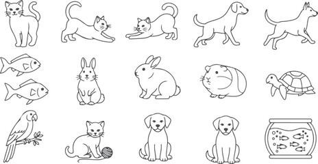 Obraz premium Line art drawings of domestic pets, including cats, dogs, rabbits, fish, birds, and turtles.