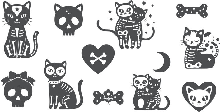 Halloween cat skull and moon silhouettes with bones on transparent background vector graphic elements.