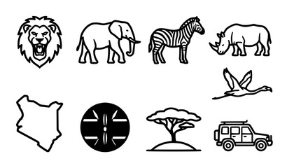 Kenya wildlife and national symbols icon set editable stroke vector collection on white background © Lipon