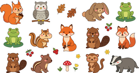 Fototapeta premium Cute Woodland Animal Cartoon Vector Character Set Featuring Fox, Squirrel, Owl, Rabbit, Beaver, Frog, Badger, and Chipmunk for Forest Graphics