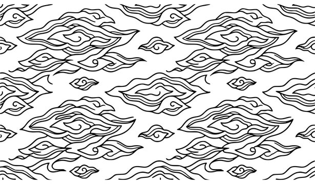 Megamendung Batik Seamless Pattern with Traditional Indonesian Cloud Motifs in Line Art Style for Textile Wallpaper Fabric Print and Cultural Design Vector Graphics