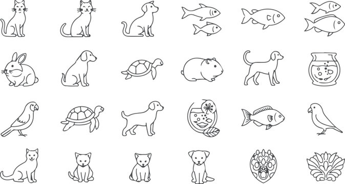 Set of cute pet outlines cats dogs rabbits turtles fish and birds isolated on white vector.