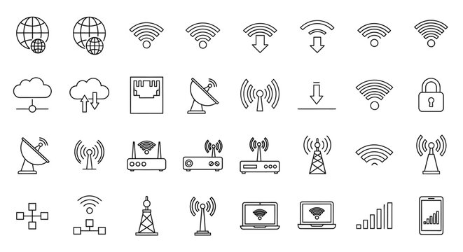 Set of line icons representing network connectivity wireless signal and communication technology devices