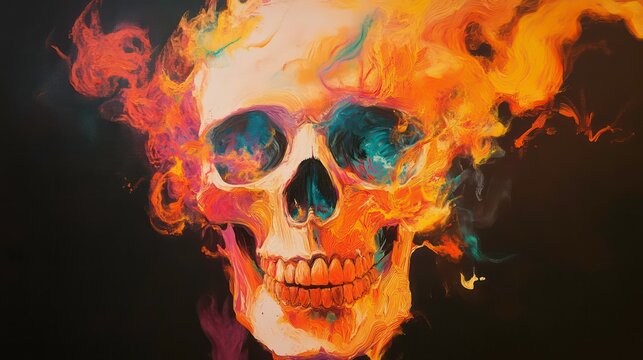 A vibrant skull engulfed in flames, symbolizing passion, power, transformation, danger, and the ephemeral nature of life