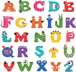 Obraz premium Cute Monster Alphabet Set featuring Colorful Cartoon Creature Letters from A to Z. Fun Educational Typography for Kids, Playful Monster Characters and Vibrant Vector Illustration Design.
