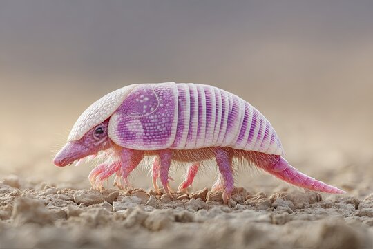 Rare pink fairy armadillo with delicate pink plating walking on sandy ground in natural habitat