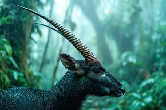 Rare Asian Unicorn Saola Grazing Amidst Misty Forest Vegetation
