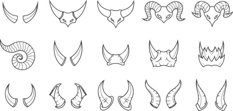 Collection of fantasy demon horns and animal antlers isolated on transparent background graphic design elements.
