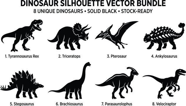 Dinosaur black silhouette vector bundle featuring tyrannosaurus rex, triceratops, pterosaur, ankylosaurus, stegosaurus, brachiosaurus, parasaurolophus and velociraptor
