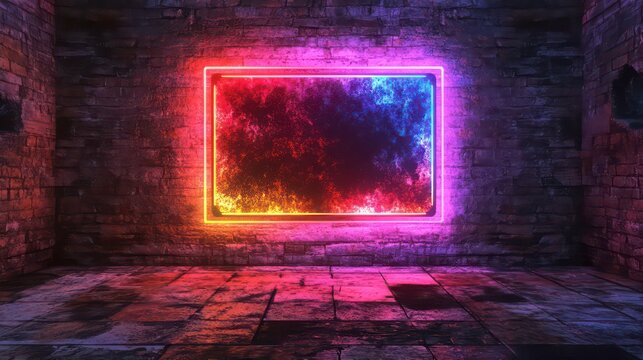 A vibrant neon frame against a textured brick wall, perfect for showcasing creative designs or artistic messages