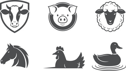 Obraz premium Farm animal heads and full body silhouettes including cow pig sheep horse chicken duck vector.