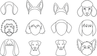 Fototapeta premium Collection of dog ears and faces isolated on checkered background vector line art sketch.