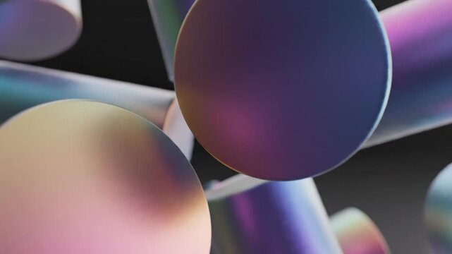 Floating iridescent metallic cylinders in abstract space.