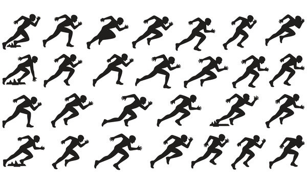 Set of silhouettes of a sprinter runner in various running positions