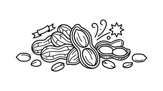 Hand drawn illustration of a pile of peanuts with shells and kernels.