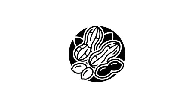 A black and white graphic illustration of a collection of peanuts in shells and kernels.