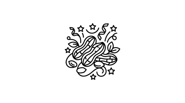 A black and white line art illustration of a pile of peanuts surrounded by festive stars and confetti.
