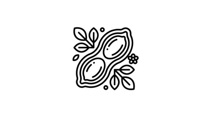 Obraz premium A simple black and white line art illustration of a peanut pod with leaves and a small flower.