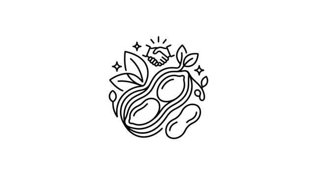 Line art illustration of a peanut pod with leaves and a handshake icon.