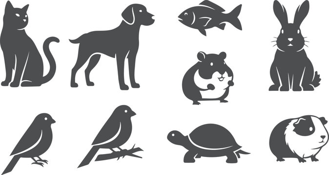 Assorted animal silhouettes including cats dogs fish rabbits hamsters birds turtles and guinea pigs.