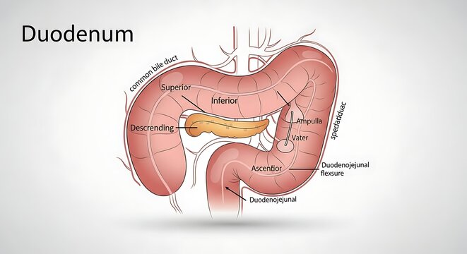 Anatomical diagram of human duodenum and pancreas.