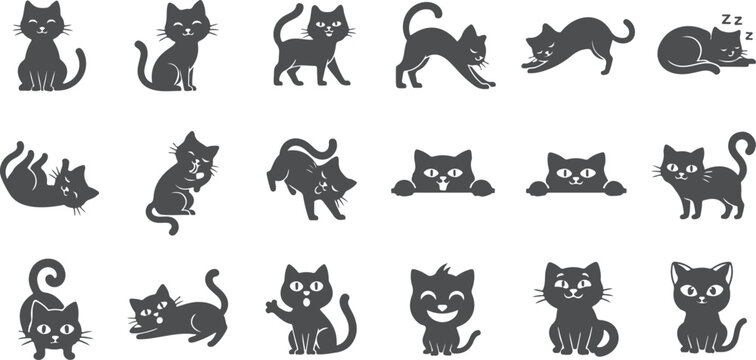 Playful cat poses and expressions vector collection cute kitten and adult cat silhouettes.