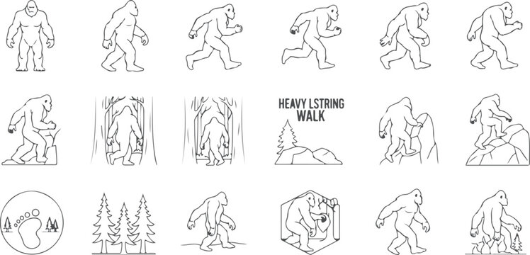 Bigfoot sasquatch character walking and moving in forest and mountain environments line art.
