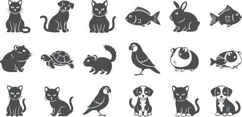 Obraz premium Collection of pet silhouettes, cats, dogs, rabbits, birds, hamsters, turtles, and fish.