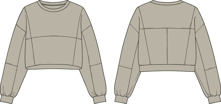Technical fashion flat drawing of a beige cropped sweatshirt with a crew neck, drop shoulders, panelled bodice construction, and matching ribbed knit cuffs