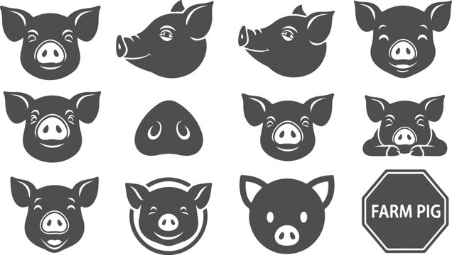 Collection of pig faces and noses in various expressions and styles, farm pig logo.