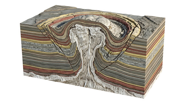 3D geological cross-section of a syncline and anticline isolated on white
