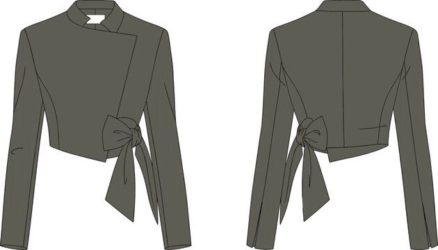 Technical fashion flat sketch of a women's cropped asymmetrical wrap jacket featuring a high collar, long sleeves, and a large decorative side bow tieTechnical fashion flat 