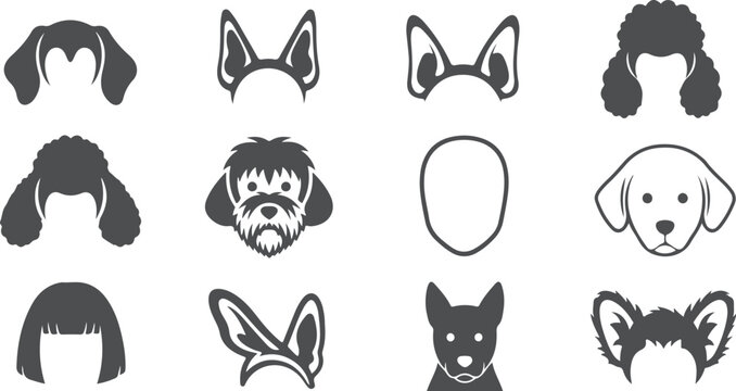 Dog hairstyles and ears set cute dog face silhouettes dog wigs and headwear.