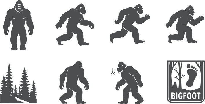 Collection of silhouette Bigfoot icons and graphic elements like trees and footprint for cryptozoology or forest theme designs.