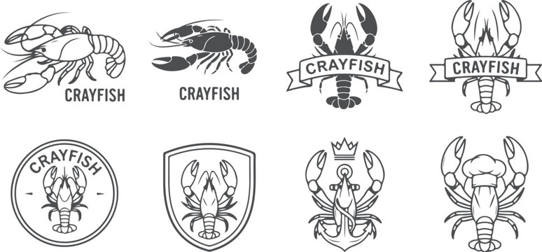 Set of crayfish and lobster emblems and badges with text for seafood restaurant or culinary branding and menu design.