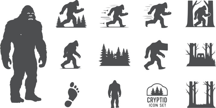 Bigfoot cryptid silhouette set forest walking running icon collection vector.