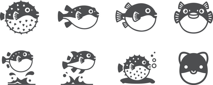 Puffer fish cartoon collection funny cute underwater sea creature icons vector.