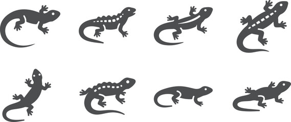 Fototapeta premium Collection of salamander and lizard silhouettes on transparent background.