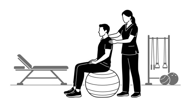 A physical therapist assisting a patient with posture correction exercises on a stability ball.