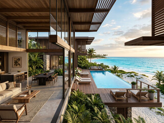 Fototapeta premium Luxurious modern beachfront villa architecture featuring an open living space, wooden infinity pool deck, and stunning tropical ocean views at sunset