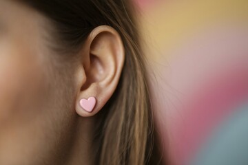 Fototapeta premium Close-up of pink heart-shaped earrings on woman's ear with soft pastel background. Generative Ai, AI generated
