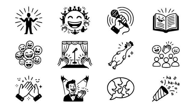 Comedy Show Icons Set: Laughter, Applause, Stand-up, Performance, Entertainment, Fun