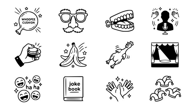 Comedy and Prank Icons: Whoopee Cushion, Fake Moustache, Chattering Teeth, Joke Book