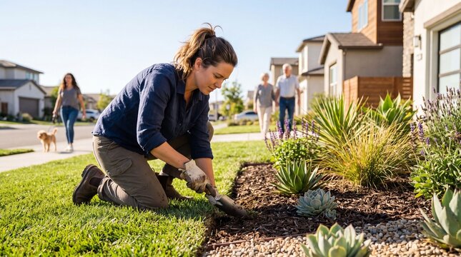 Young woman planting succulents and landscaping her front yard garden in a bright, modern suburban neighborhood with neighbors walking in the background