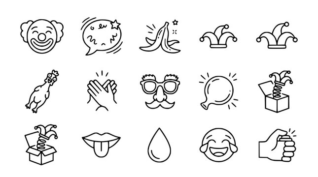 Funny Icons Set: Clown, Jester Hat, Banana Peel, Jack in the Box, Laughter, Gag Gifts