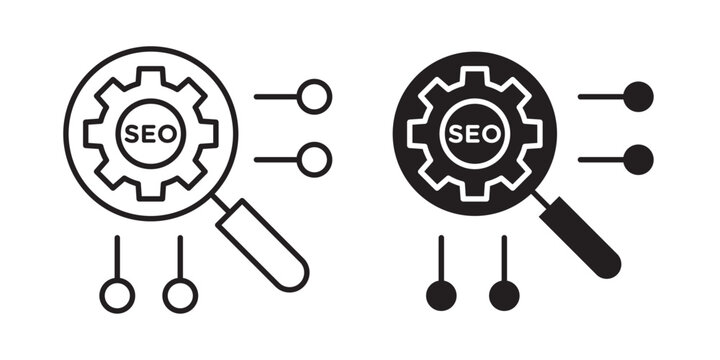 SEO Optimization icon SEO search engine optimization icon set SEO data analysis with magnifying glass Digital marketing and website SEO icon Search engine optimization gear vector icon